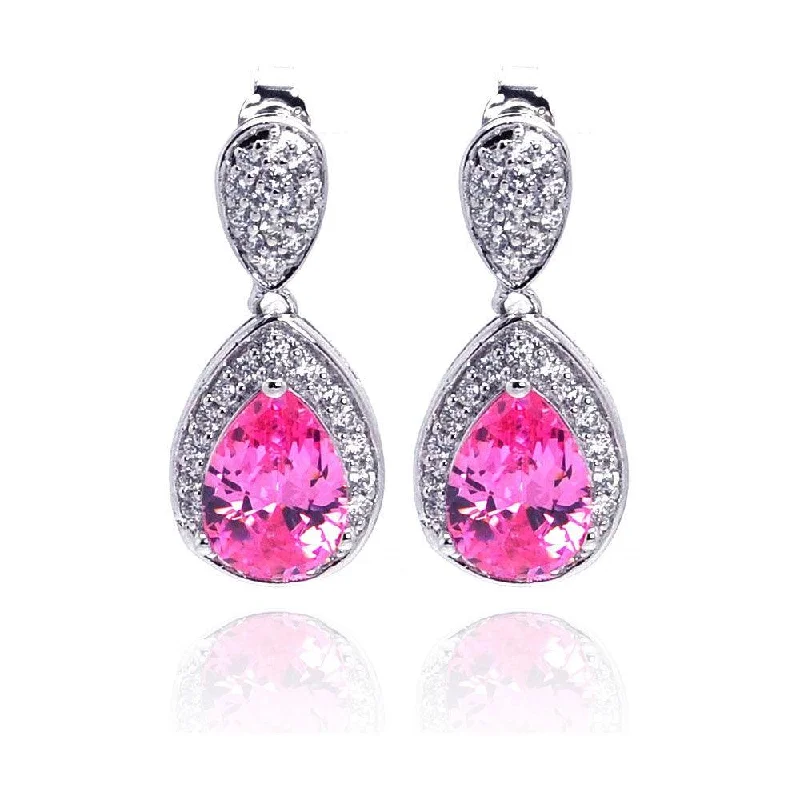 Ladies earrings online shopping deals-Silver 925 Rhodium Plated Pink Teardrop and Clear CZ Dangling Stud Earrings - STE00670PNK