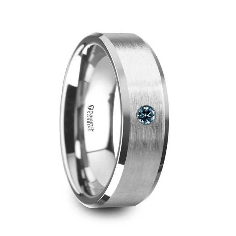 Ladies rings engagement gift ideas-Thorsten MOORE Flat Brushed Center Polished Beveled Edges Men’s Tungsten Wedding Band with Blue Diamond Setting - 6mm & 8mm