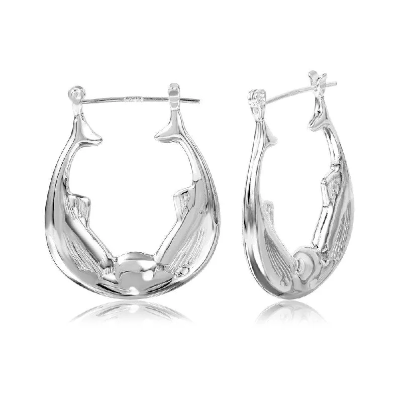 Ladies earrings personalized touch options-Silver 925 High Polished Double Fish Hoop Earrings - STE00786