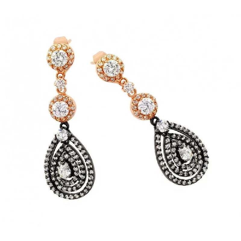 Ladies earrings fragile beauty styles-Silver 925 Rose Gold and Black Rhodium Plated Teardrop Round CZ Dangling Stud Earrings - BGE00285