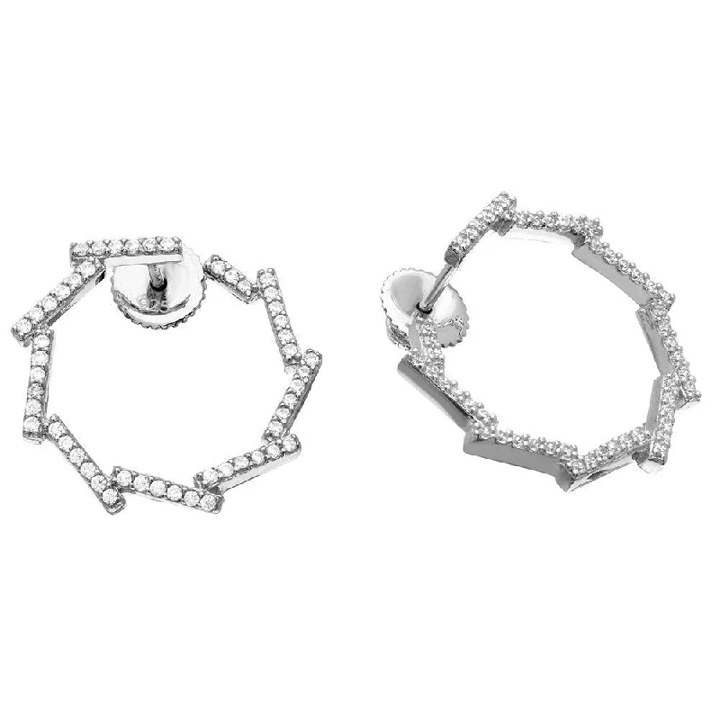 Ladies earrings light feel designs-Rhodium Plated 925 Sterling Silver Open Circle CZ Bar Earrings - GME00074RH