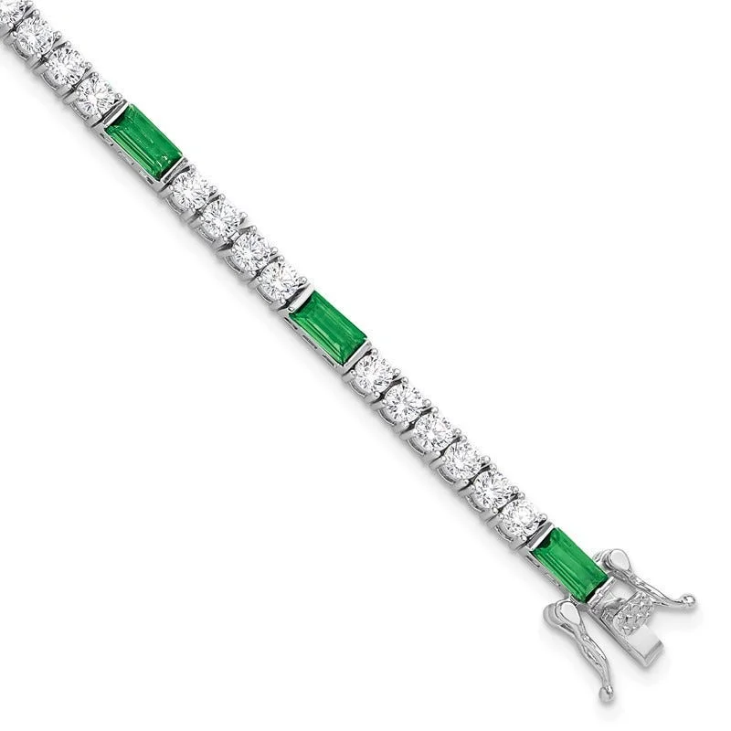 ladies bracelet premium green emerald-Sterling Silver Rhodium-plated Green and White CZ 7.25 inch Tennis Bracelet