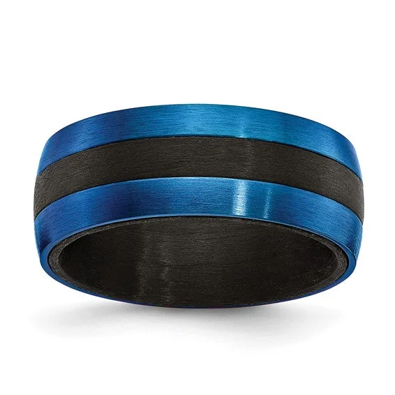 Ladies rings curved edge designs-Black Carbon Fiber with Brushed Blue IP-plated Stainless Steel 8mm Band