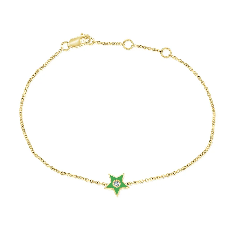 ladies bracelet spring mother’s-Green Enamel & Diamond Star Bracelet made in 14Kt Gold