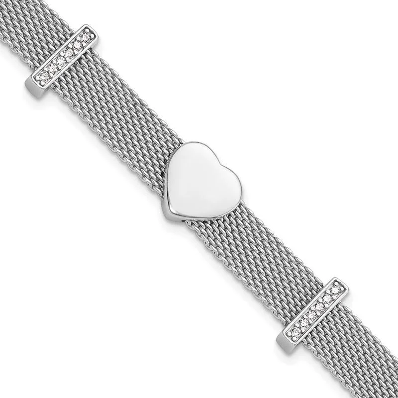 ladies bracelet fall zodiac-Sterling Silver Rhodium-plated Mesh CZ Heart 6.75in Bracelet