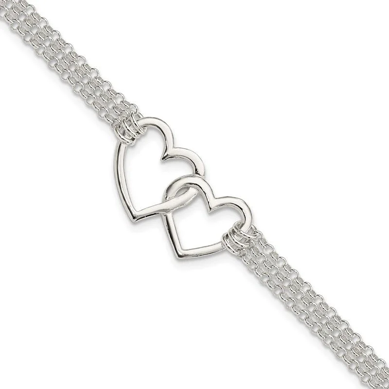 ladies bracelet animal winter-Sterling Silver Polished 3-strand w/.5in. Ext. Heart Bracelet