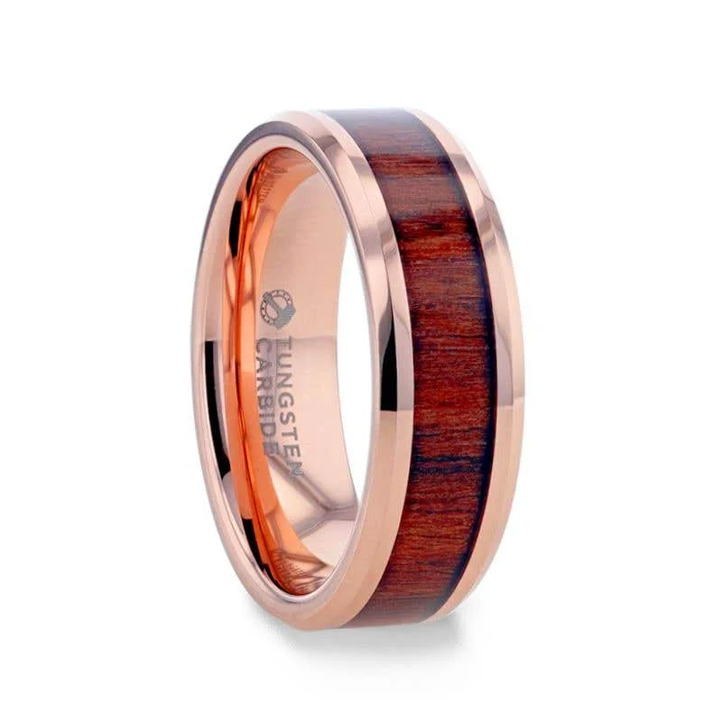 Ladies rings latest fashion trends-Thorsten DYLAN Rose Gold Plated Koa Wood Inlaid Tungsten Wedding Band With Beveled Polished Edges - 8mm