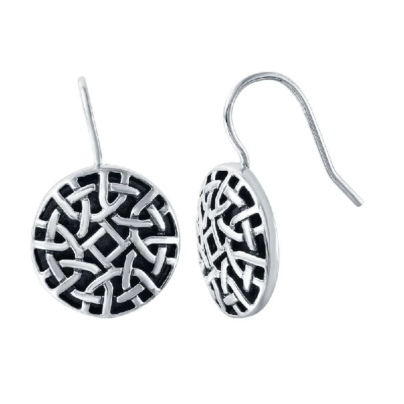 Ladies earrings Scandinavian minimal designs-Silver 925 Rhodium Plated Patterned Circle Hook Earrings - STE00723