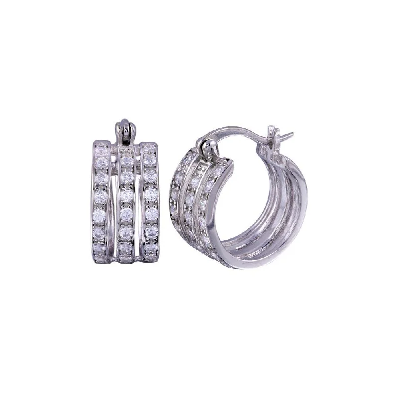 Ladies earrings blue diamond designs-Rhodium Plated 925 Sterling Silver 3 Row huggie hoop Earrings - STE00688