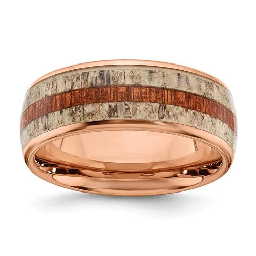 Ladies rings subtle hue styles-Stainless Steel Rose Gold IP With Wood And Antler Inlay 8mm Band