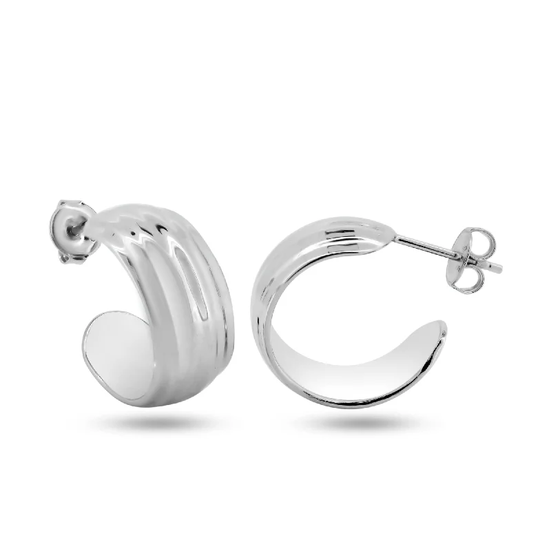 Ladies earrings hoop design classics-Rhodium Plated 925 Sterling Silver Dome Semi Hoop Earrings - GME00142