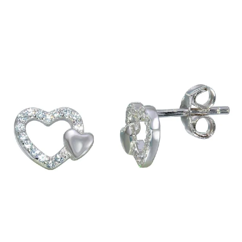 Ladies earrings intricate contour designs-Rhodium Plated 925 Sterling Silver Open Mini Heart Earrings with CZ - STE01113