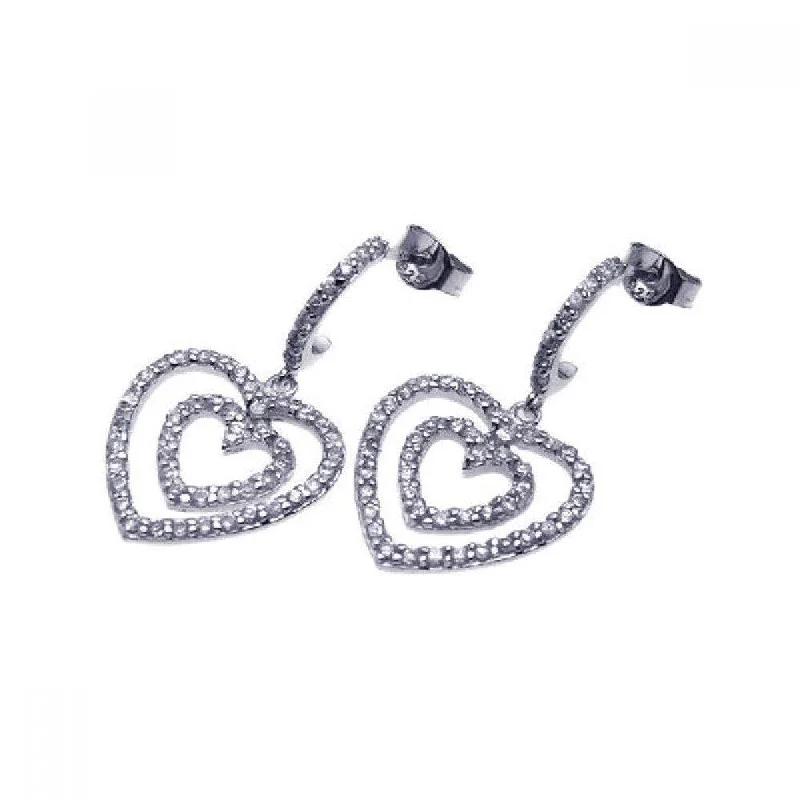 Ladies earrings twisted wire styles-Clearance-Silver 925 Rhodium Plated Graduated Two Heart CZ Dangling Semi-Hoop Earrings - STE00486