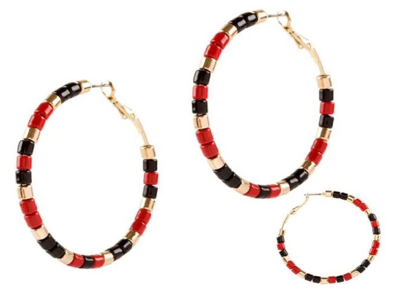 Ladies earrings raw diamond styles-Red and Black Beaded Hoop Sport Earrings