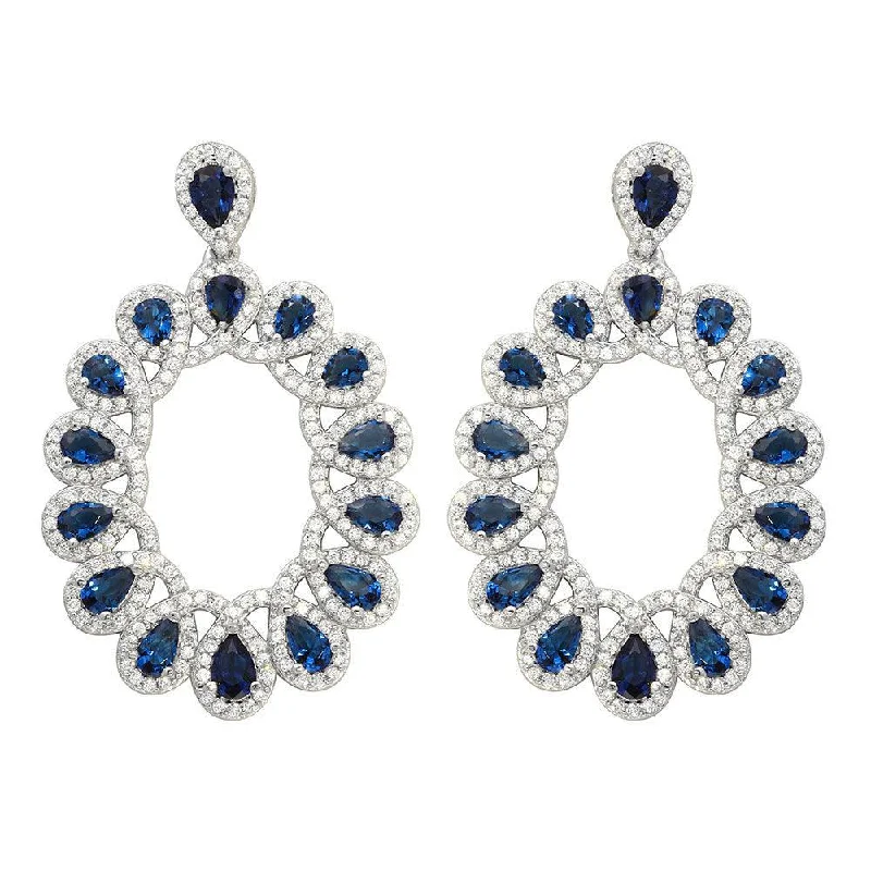 Ladies earrings baroque inspired designs-Rhodium Plated 925 Sterling Silver Open Oval Blue and Clear CZ Hanging Earrings - GME00106-BLU