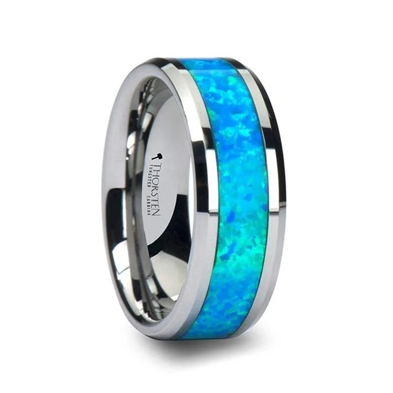 Ladies rings friendship bond rings-Thorsten QUASAR Tungsten Wedding Band with Blue Green Opal Inlay - 4mm - 10mm