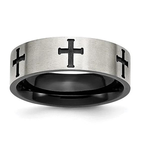 Ladies rings tapered band rings-Stainless Steel Brushed Polished Black IP-plated Crosses 7mm Band