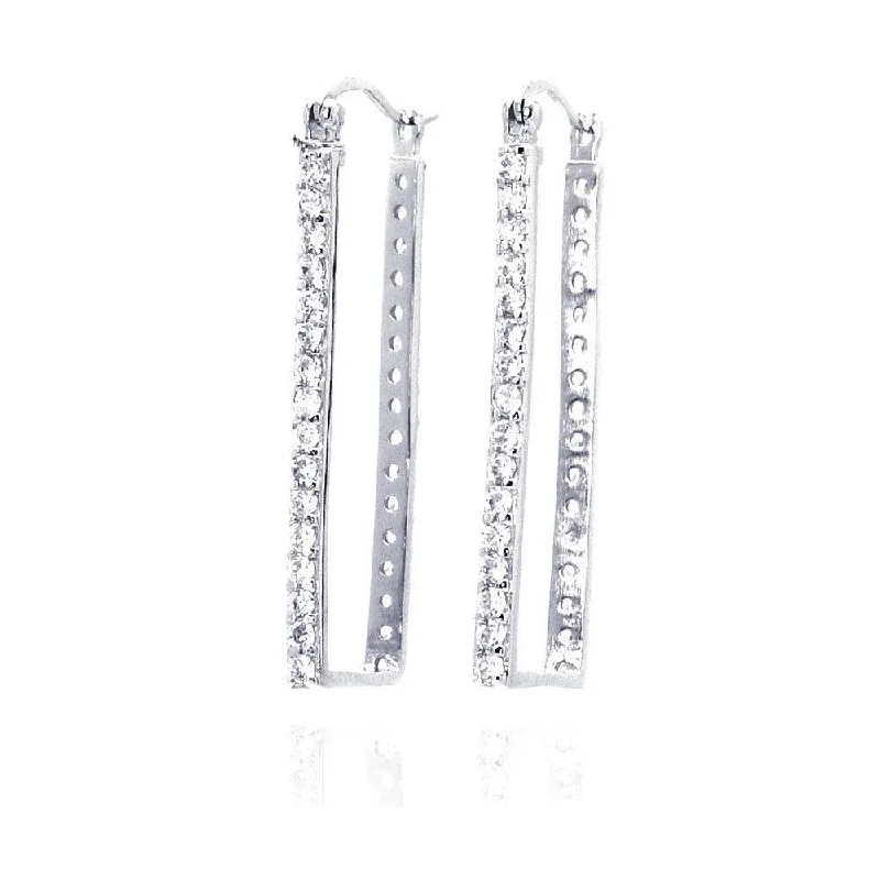 Ladies earrings sharp edge styles-Clearance-Silver 925 Rhodium Plated CZ Rectangular Hoop Earrings - STE00032