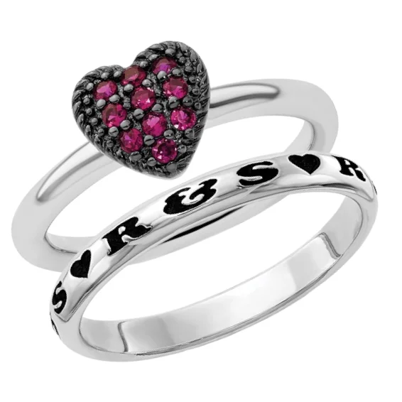 Ladies rings hypoallergenic materials-Valentine Personalized Stackable Ruby Heart Bundle