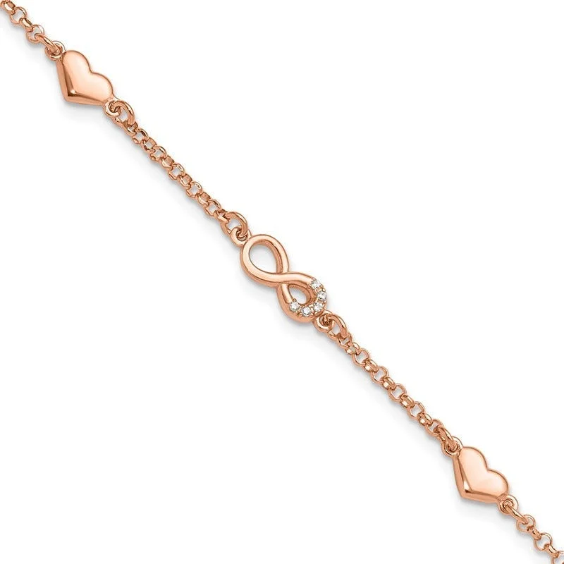 ladies bracelet shell braided-Sterling Silver Rose Gold-plated Heart CZ Infinity w/.5in ext. Bracelet