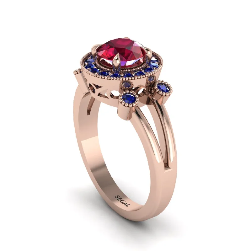 Ladies engagement rings matte finish solitaires-Radiant Ruby Halo Gold Engagement Ring - Madilyn No. 71