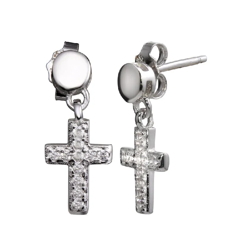 Ladies earrings Japanese aesthetic designs-Rhodium Plated 925 Sterling Silver Mini Dangling Cross Earrings - STE01156RH