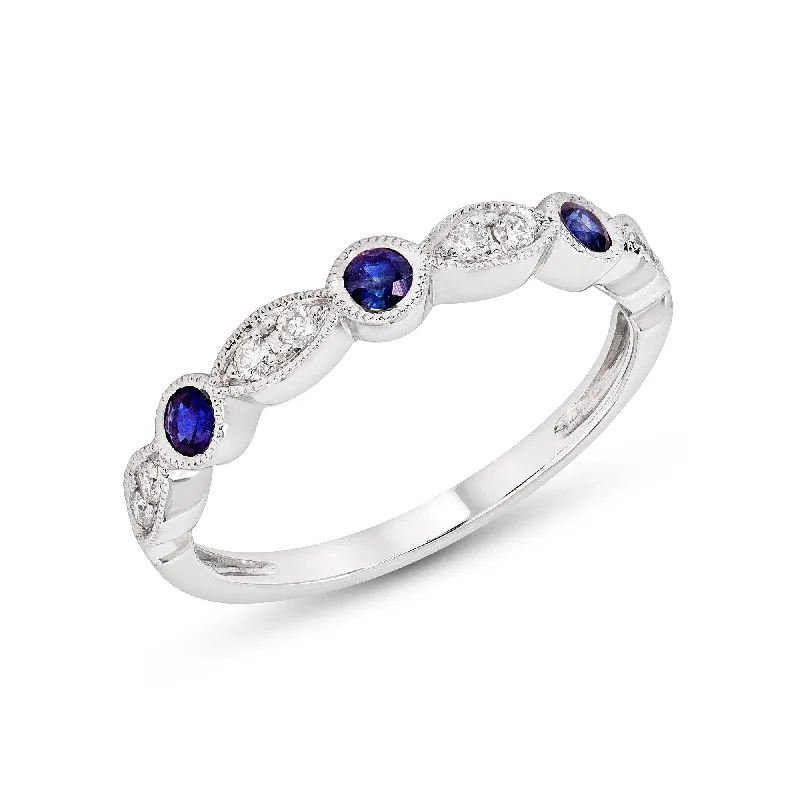 Ladies rings subtle hue styles-14k White or Yellow Gold Blue Sapphire & Diamond Wedding Anniversary Band