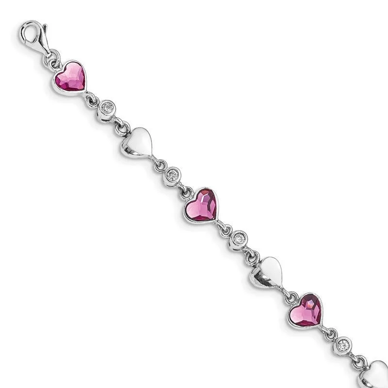 ladies bracelet custom halo-Sterling Silver Rhodium Plated Clear Crystals Pink Heart Crystals and Polished Hearts 6.5 inch Bracelet with 1 inch extension