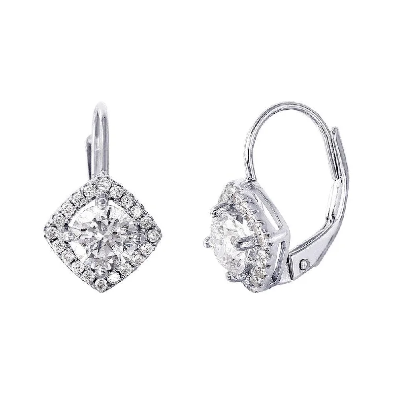 Ladies earrings pave set styles-Silver 925 Rhodium Plated Round Center CZ Stone Halo Earrings - BGE00461