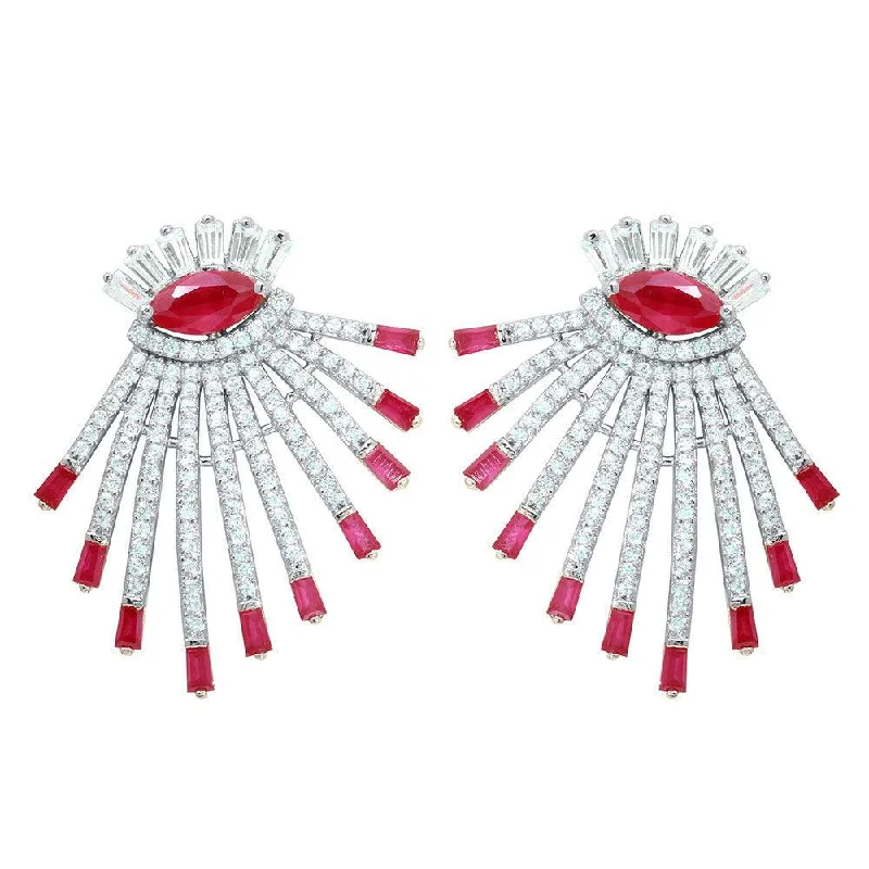 Ladies earrings glossy finish styles-Rhodium Plated 925 Sterling Silver Clear and Red CZ Drop Earrings - GME00105RH-RED