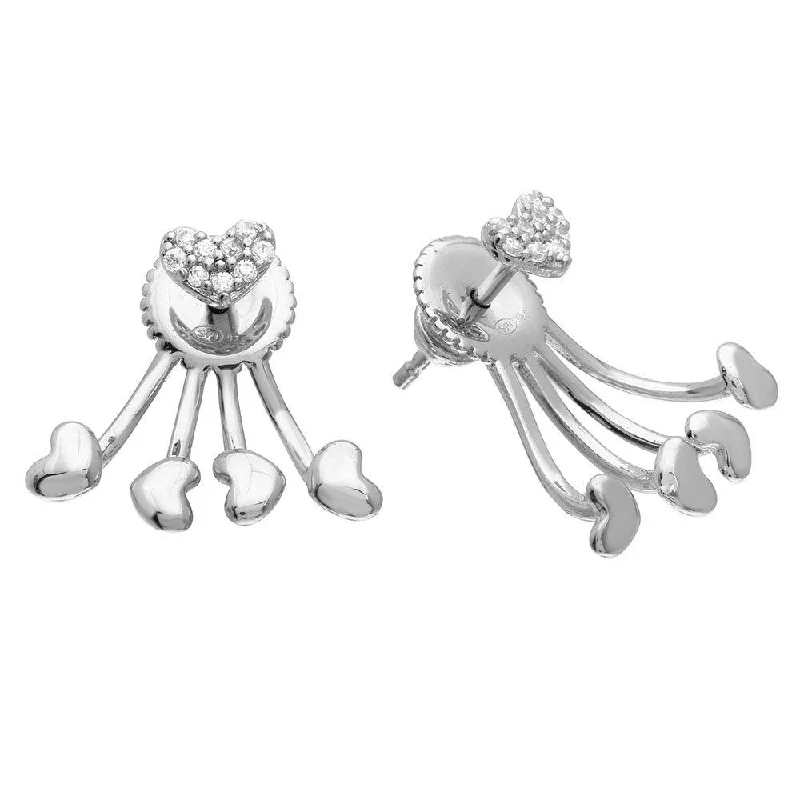 Ladies earrings durable craft designs-Rhodium Plated 925 Sterling Silver CZ Heart Earrings With Hanging Heart Backing - GME00073RH