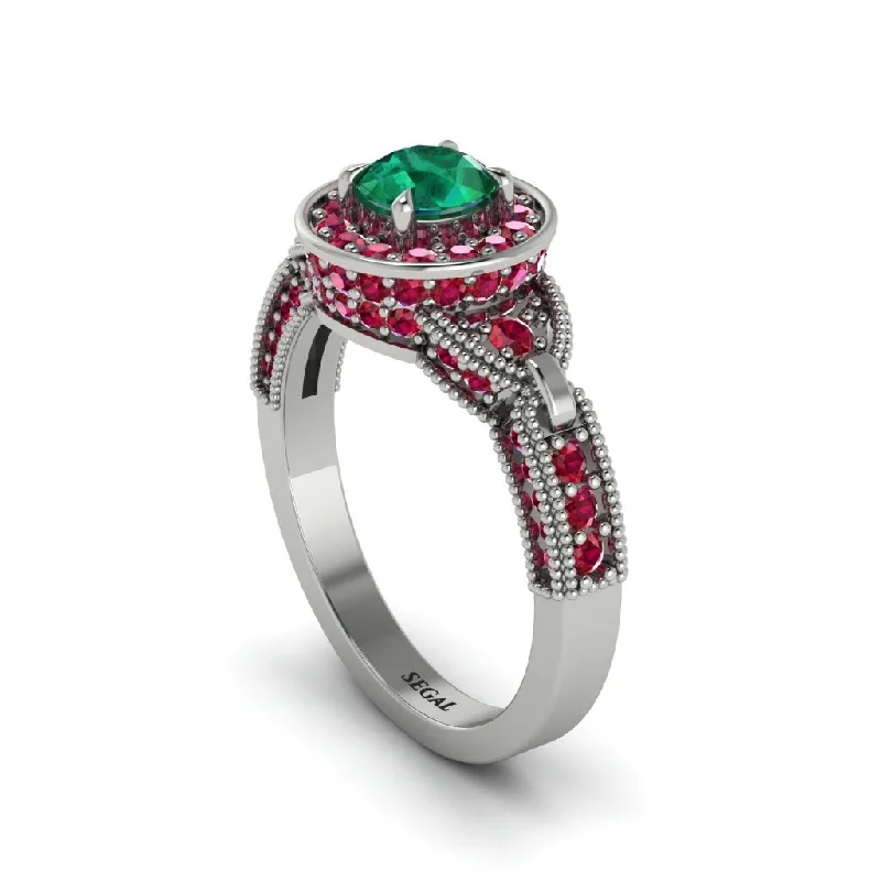 Ladies engagement rings rose-cut diamonds-Emerald Double Halo Handmade Engagement Ring - Gracelyn No. 51