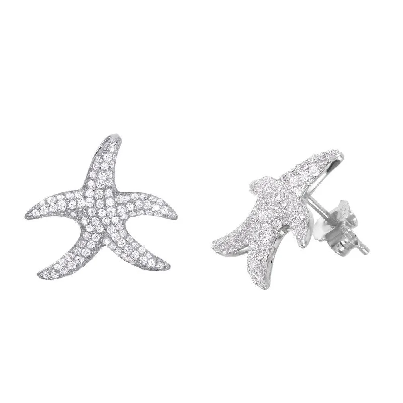 Ladies earrings oversized bold earrings-Silver 925 Rhodium Plated Starfish CZ Studded Earrings - ACE00105RH