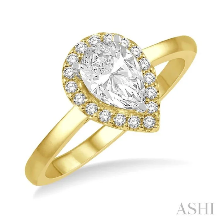 Ladies engagement rings punk flair-1/3 Ctw Round Cut Diamond Halo Engagement Ring With 1/4 ct Pear Cut Center Stone in 14K Yellow and White Gold