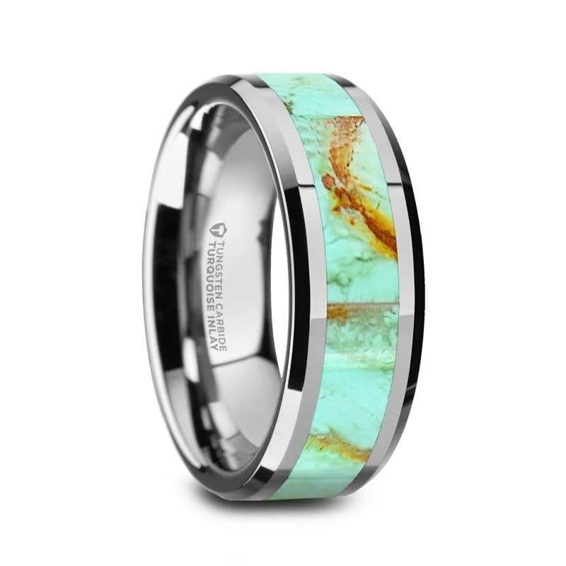 Ladies rings comfort curve styles-Thorsten PIERRE Polished Tungsten Wedding Band with Light Blue Turquoise Stone Inlay & Polished Beveled Edges - 8mm - Pierre