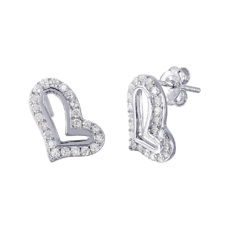 Ladies earrings antique style designs-Silver 925 Open Side Way Heart CZ Earrings - STE01023