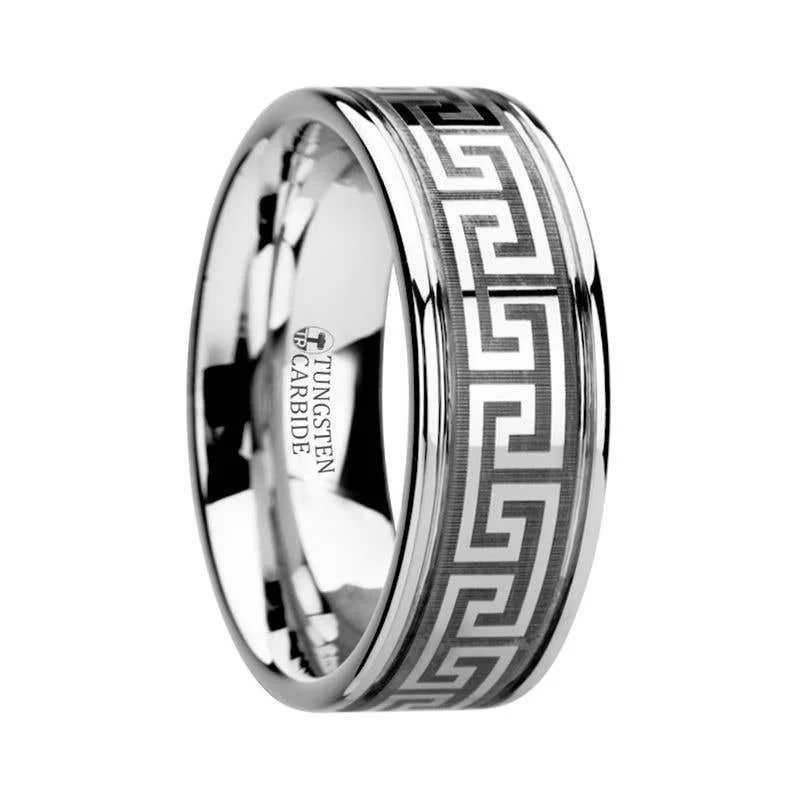 Ladies rings long-lasting designs-Thorsten THASOS Grooved Tungsten Carbide Wedding Band with Greek Key Meander Design - 8mm