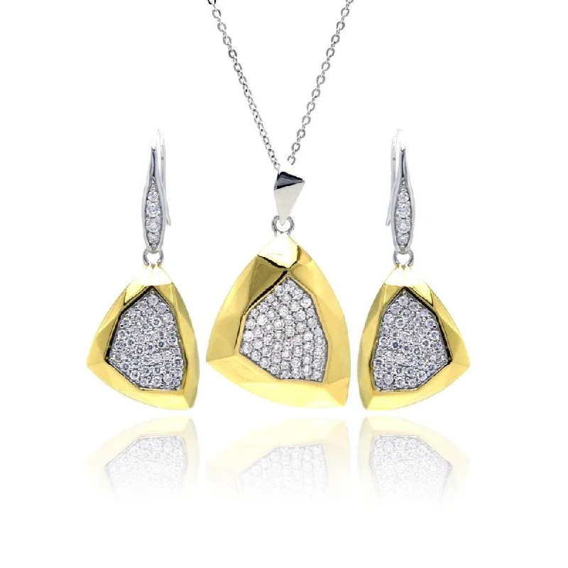 Ladies earrings tarnish-free designs-Silver 925 Rhodium and Gold Plated Hammered Triangle Clear Pave Set CZ Leverback Earring and Necklace Set - BGS00128