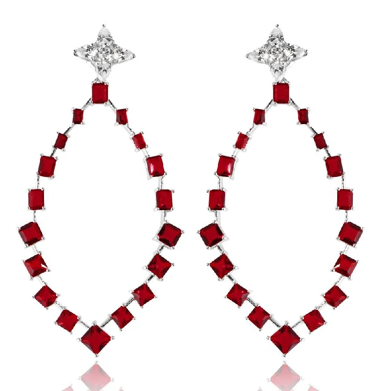 Ladies earrings milestone marker pieces-Rhodium Plated 925 Sterling Silver Dangling Teardrop Earrings with CZ - GME00102RH-RED