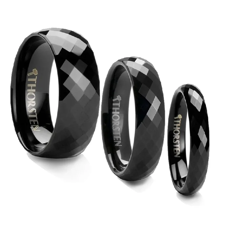 Ladies rings romantic era designs-Thorsten AEON Black Tungsten Wedding Band with Diamond Facets - 4 6 or 8mm