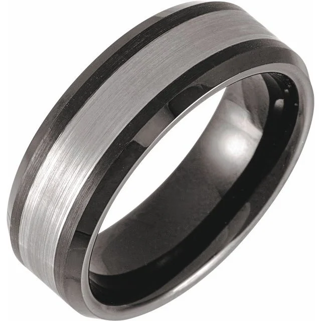 Ladies rings surrealist style designs-Black PVD & Tungsten Beveled-Edge 8mm Band