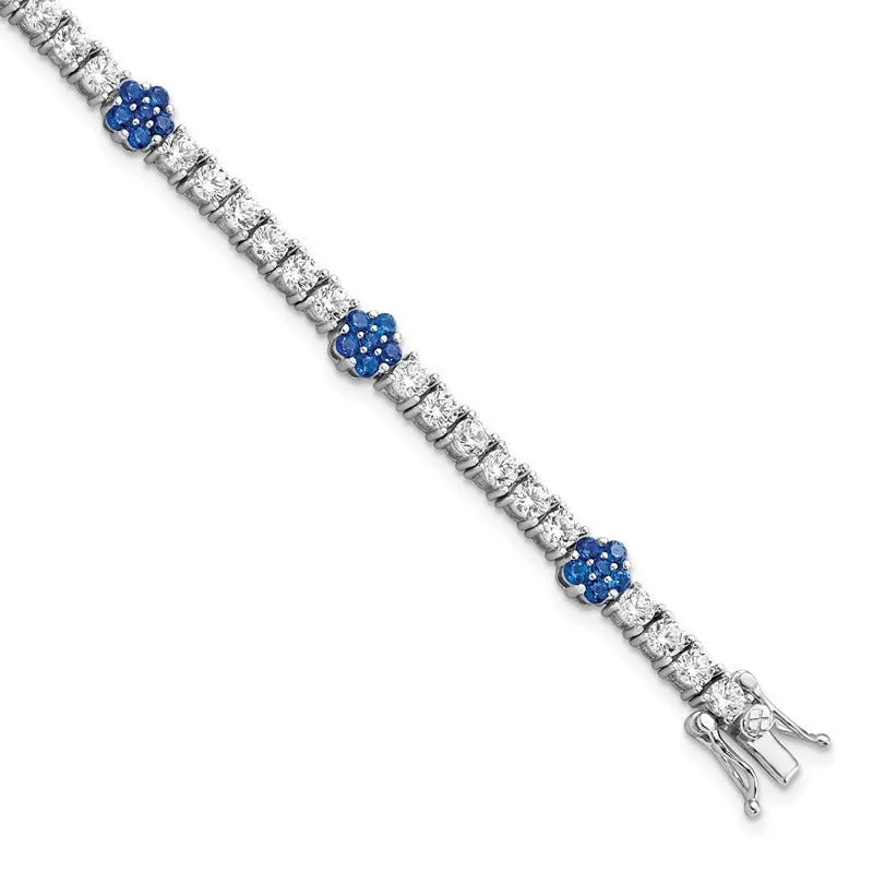 ladies bracelet pave personalized-Sterling Silver Rhodium-plated Cr Blue Spinel & CZ Flower 7in Bracelet