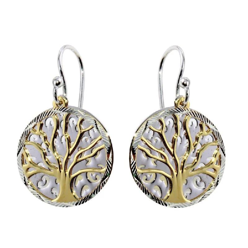 Ladies earrings bold geometric designs-Two-Tone 925 Sterling Silver Flat Tree Earrings - SOE00003