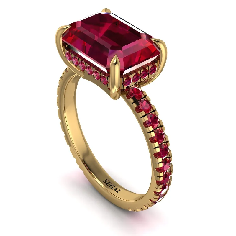 Ladies engagement rings rose gold halos-Emerald-Cut Ruby Pavé Engagement Ring - Daphne No. 55