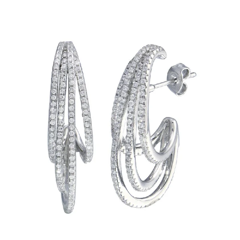 Ladies earrings anniversary special designs-Rhodium Plated 925 Sterling Silver Semi Hoop Dangling Wave Earring - STE01256