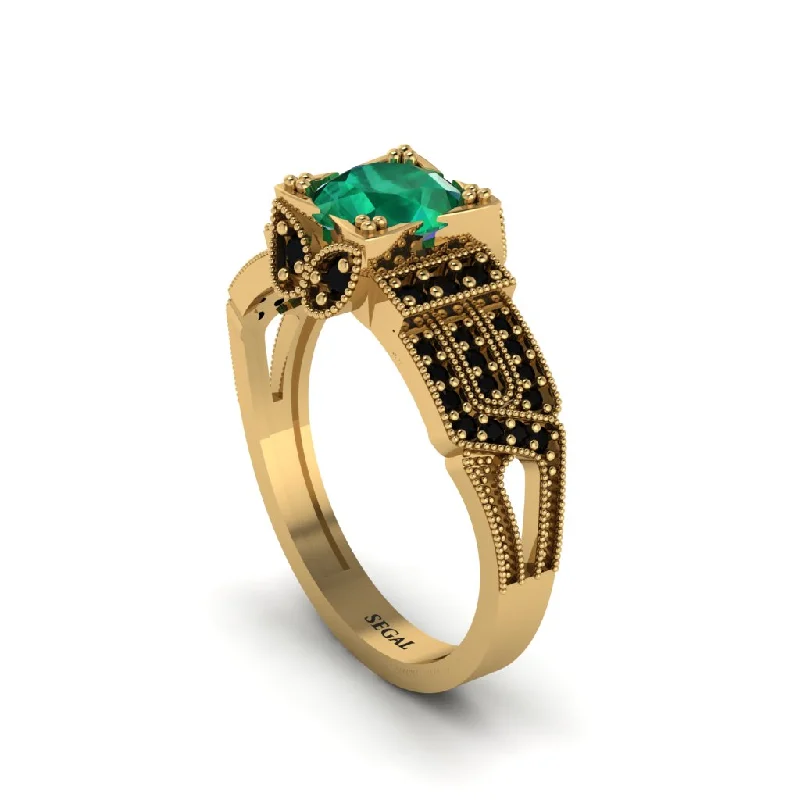 Ladies engagement rings nature-inspired solitaires-Emerald Milgrain Gold Engagement Ring - Lyric No. 34