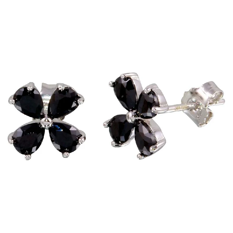 Ladies earrings radiant shine designs-Rhodium Plated 925 Sterling Silver Black Flower CZ Earrings - STE01093