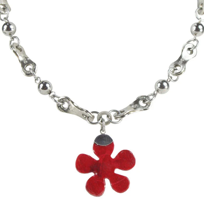 ladies necklace slim rope length-Sterling Silver & Red Coral Flower Pendant Necklace