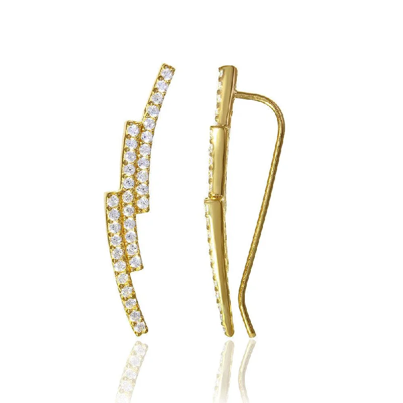 Ladies earrings delicate outline styles-Silver 925 Gold Plated Slanted Lined Earring with CZ - GME00041GP