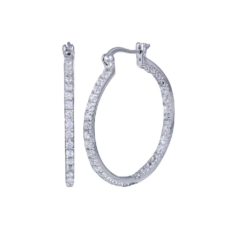 Ladies earrings unique artisan designs-Silver 925 Rhodium Plated CZ Hoop Earrings - STE00068